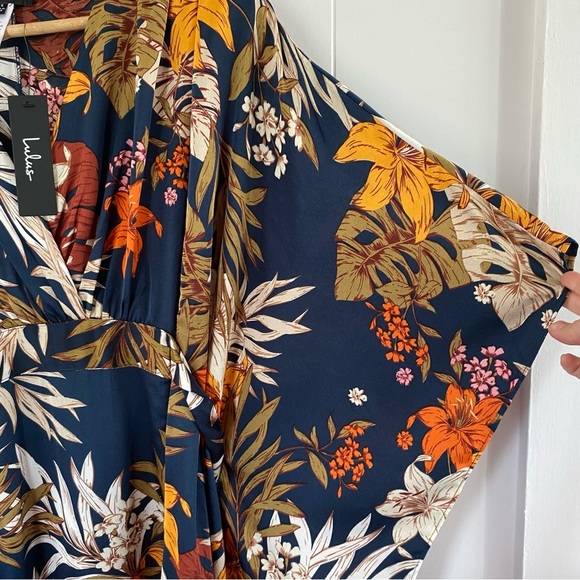 NEW Lulu’s Take a Holiday Navy Blue Tropical Print Maxi Dress Tie Waist Belted - Picture 12 of 15